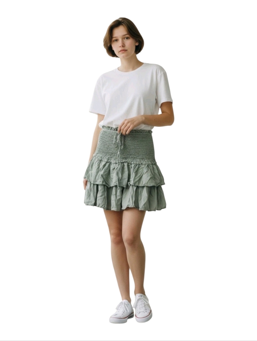 Wilfred Aritzia Olive Green Smocked Tiered Ruffle Mini Skirt Size M
